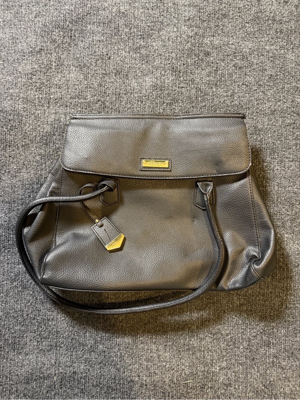 London Fog Black Pebbled Leather Shoulder Bag with Gold Accent